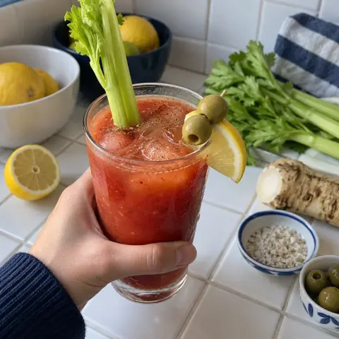 KI-generiertes Symbolbild: Rezept für Virgin Mary mit Meerrettich, Zitrone und Selleriesalz