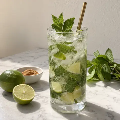 KI-generiertes Symbolbild: Rezept für Virgin Mojito mit Limette, Minze und Kokosblütenzucker