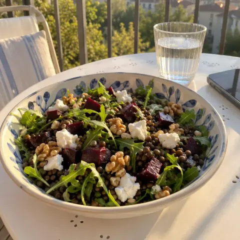 KI-generiertes Symbolbild: Rezept für Warmer Linsen-Rote-Bete-Salat mit Ziegenkäse und Walnüssen