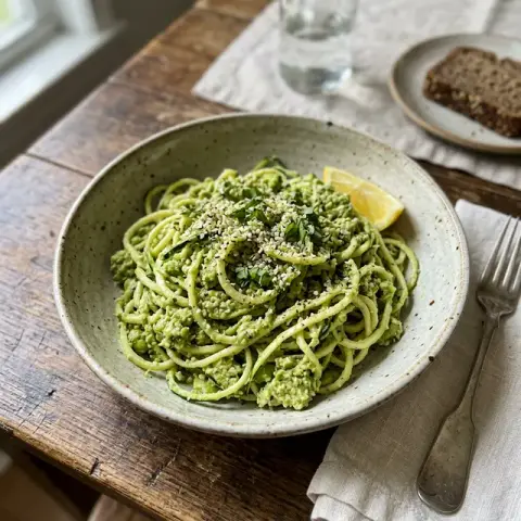KI-generiertes Symbolbild: Omega-3 und High Protein Rezept für Veganes warmes Edamame-Zucchini-Pesto