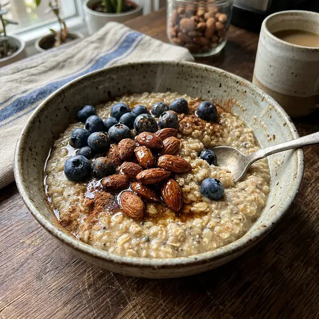KI-generiertes Symbolbild: Protein-Oatmeal zum Frühstück mit gebrannten Mandeln