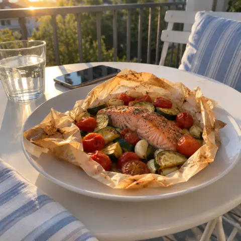 KI-generiertes Symbolbild: Rezept für Wildlachs-Gemüse-Päckchen aus dem Ofen