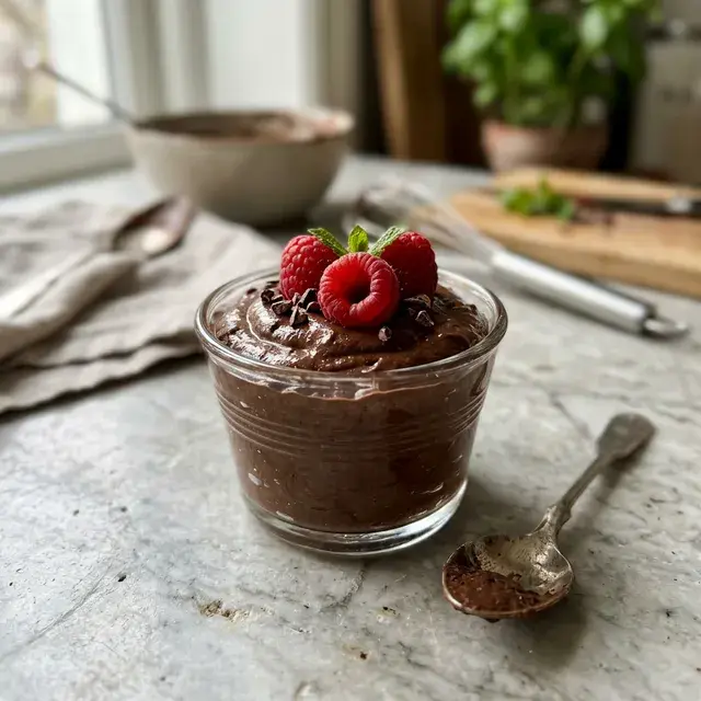 KI-generiertes Symbolbild: Schoko-Avocadocreme mit Himbeeren