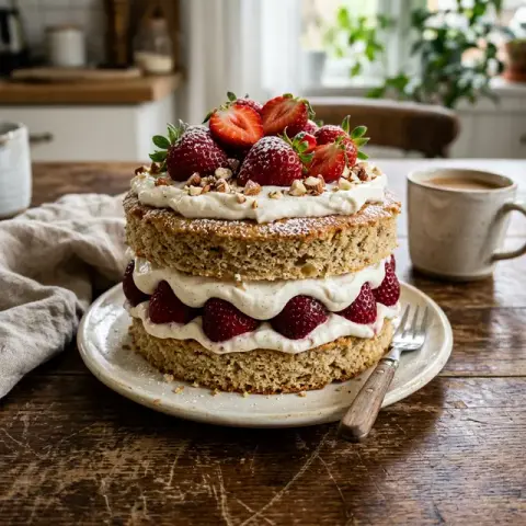 KI-generiertes Symbolbild: Rezept für Erdbeer-Biskuit-Naked-Cake mit Quark