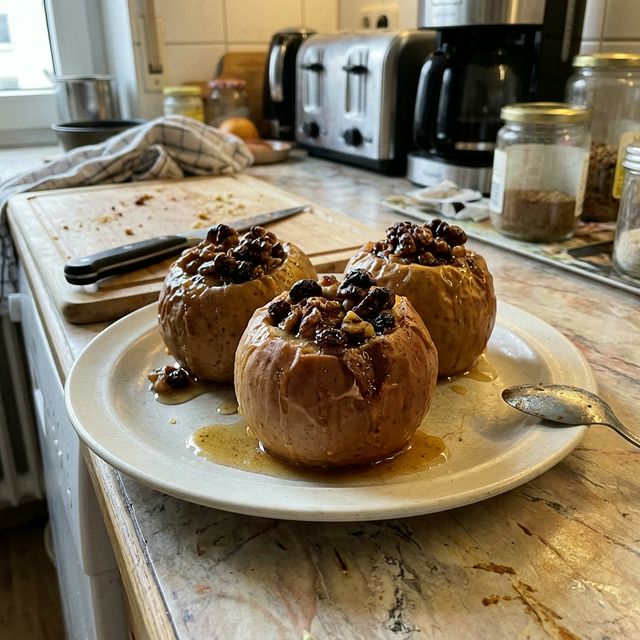 Gluten-free warm baked apples with walnut and honey filling