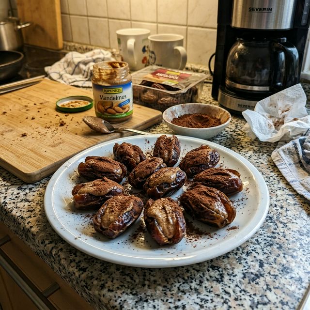 Vegan stuffed dates with almond butter and cocoa