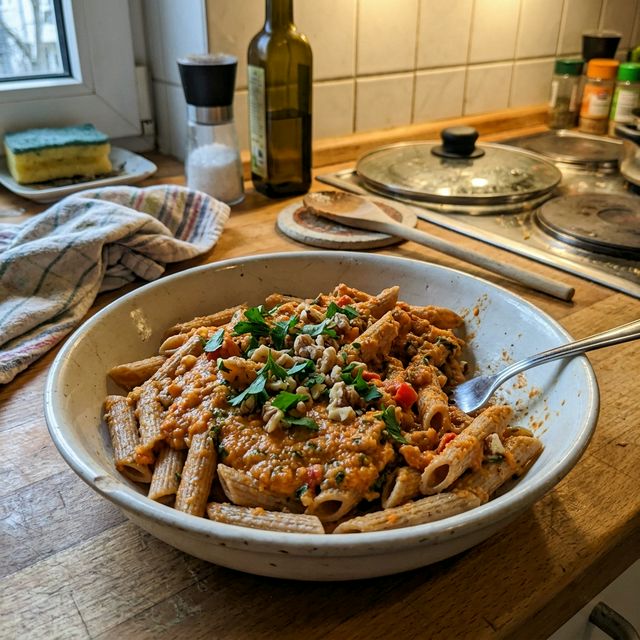 Vegan wholemeal spelt penne with creamy red pepper and walnut sauce