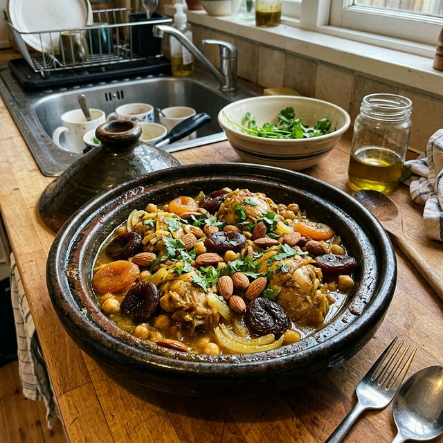 Glutenfreies Marokkanisches Hähnchen-Tagine mit Aprikosen und Mandeln