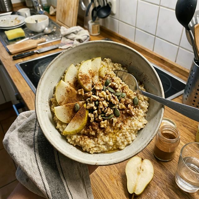 Warm millet breakfast bowl with cinnamon and pear