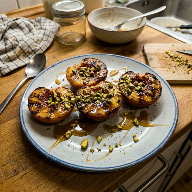 Gluten-free griddled honey peaches with pistachios