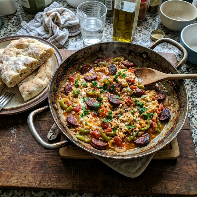 Turkish menemen with beef sucuk and fresh flatbread