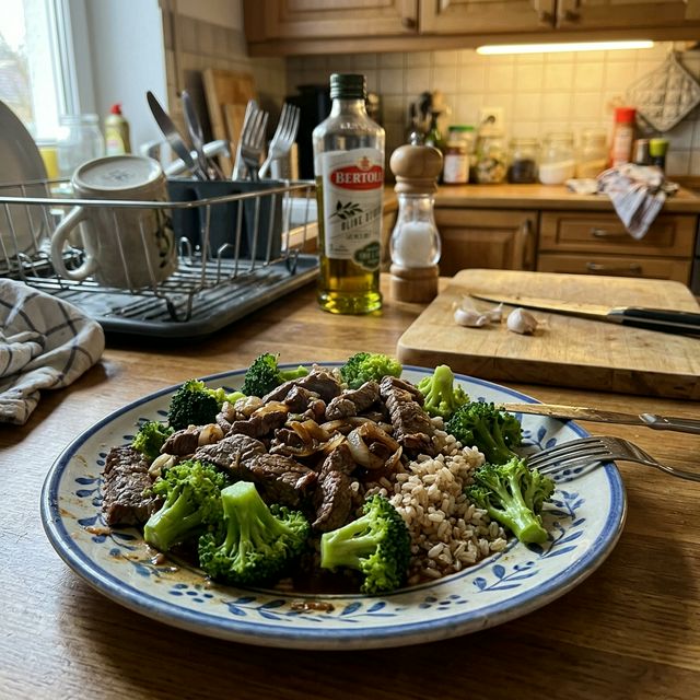 High-protein beef strips with broccoli and brown rice