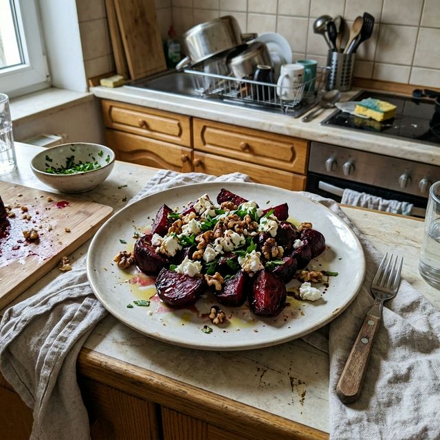 Gluten-free roasted beetroot with walnuts and goat's cheese