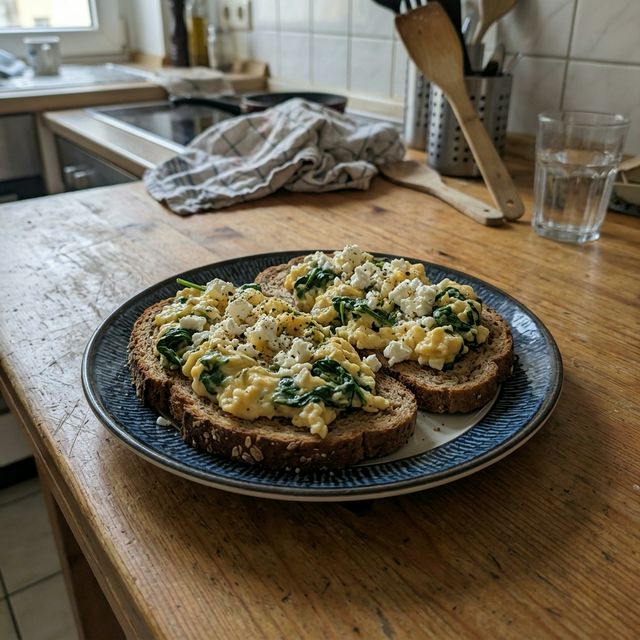 High-protein scrambled eggs with spinach and feta on wholegrain bread