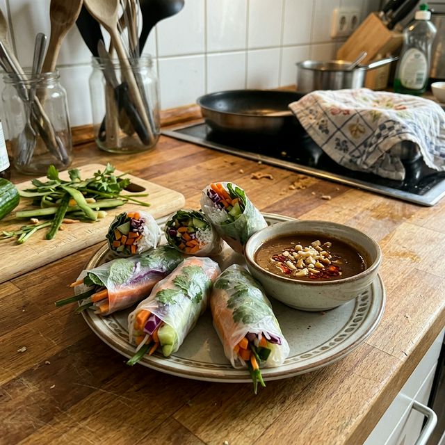 Vegan fresh vegetable summer rolls with peanut dip