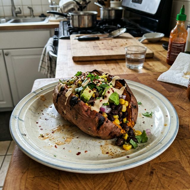 Vegan stuffed sweet potato with black beans and avocado