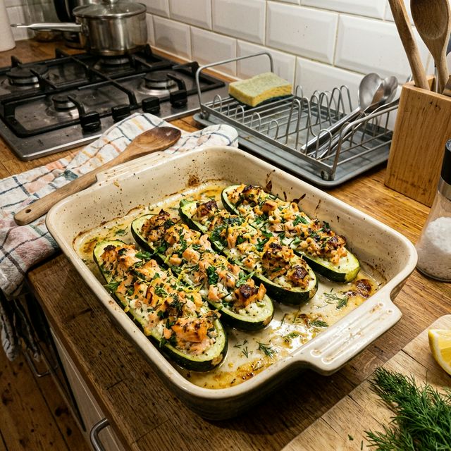 Low-carb stuffed courgette boats with herby ricotta and wild salmon
