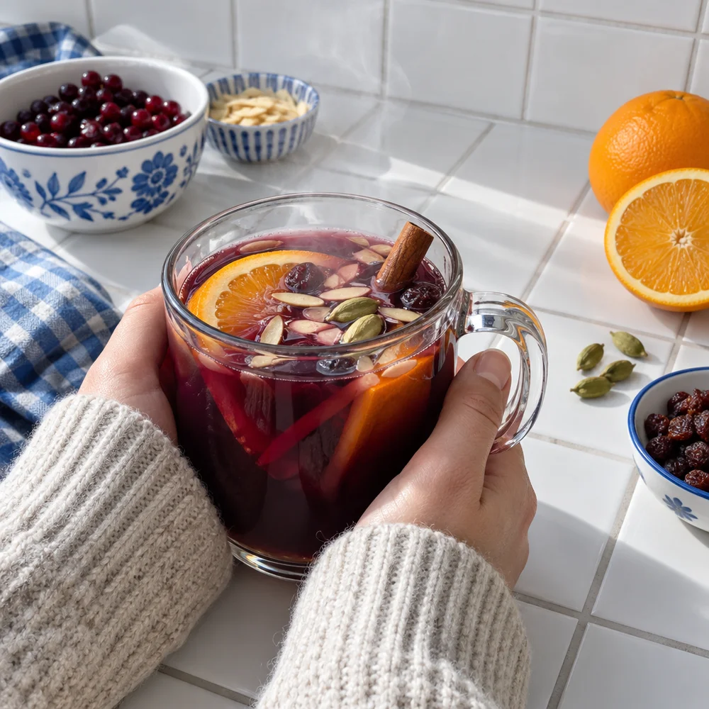 Alcohol-free glogg punch with blackcurrant juice and almonds