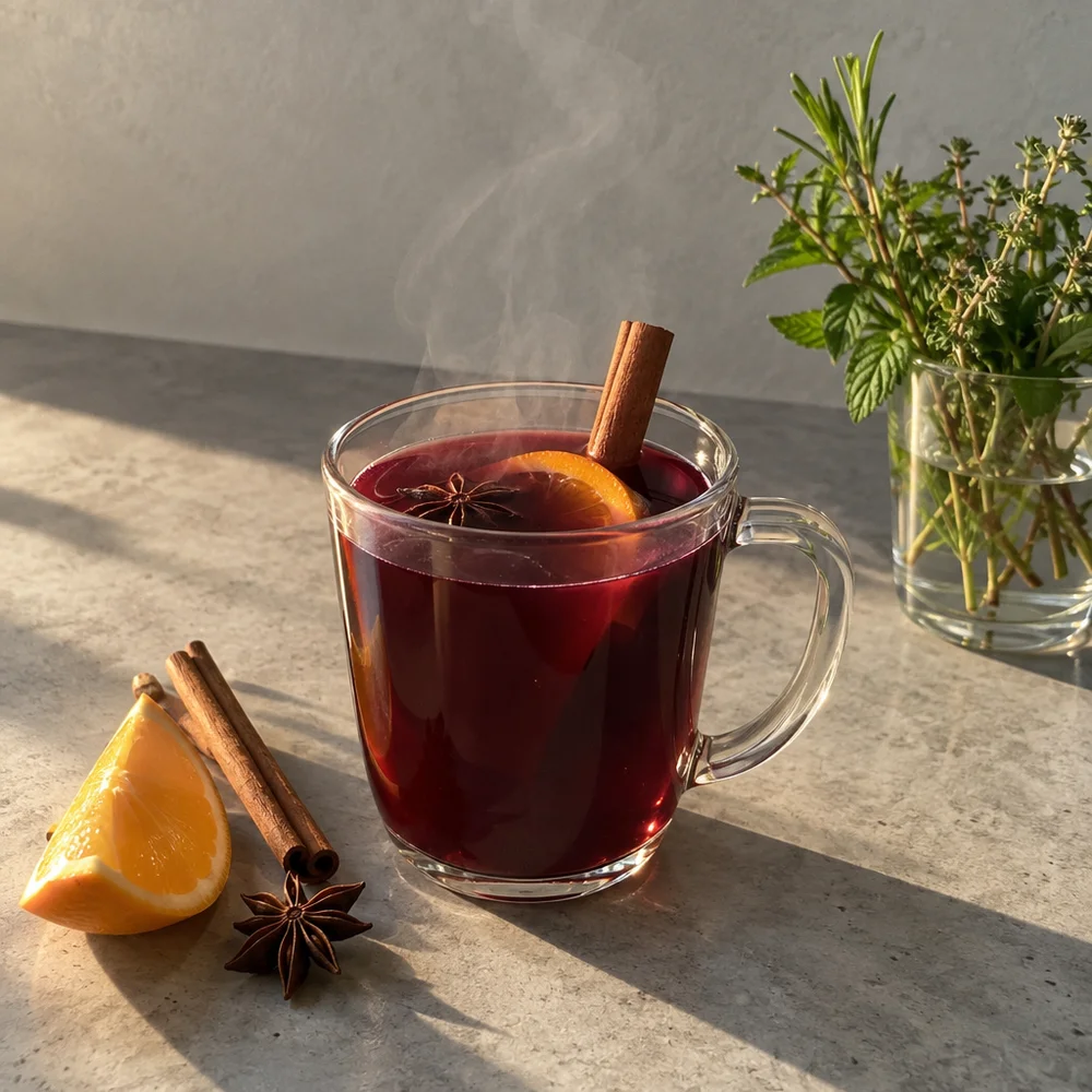 Alcohol-free mulled wine punch with grape juice and orange
