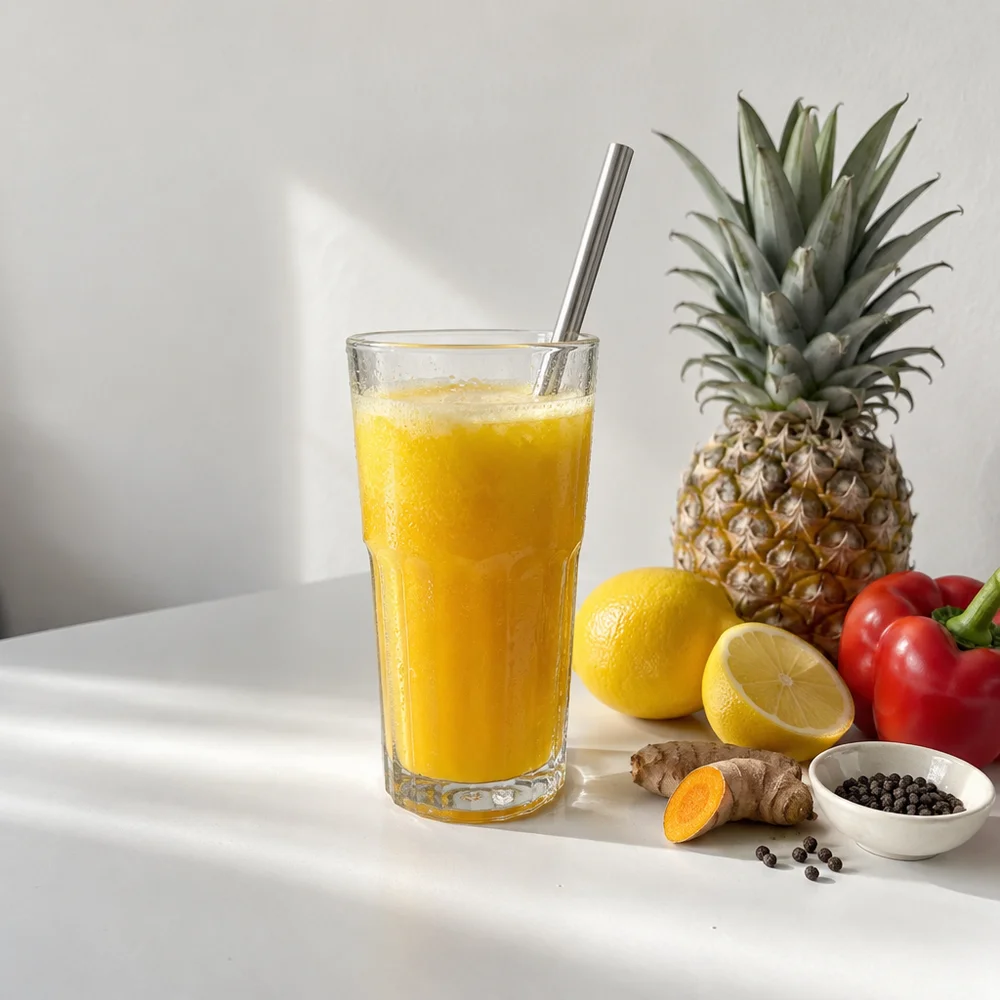 Vegan pineapple and turmeric juice with yellow pepper