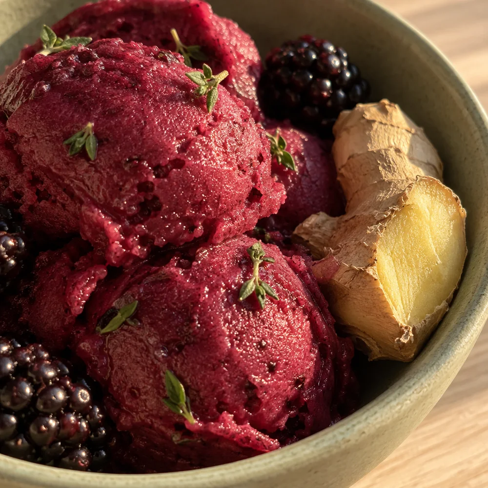 Gluten-free blackberry and ginger sorbet with thyme