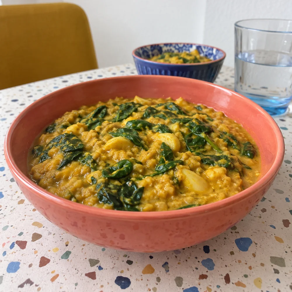 Vegan coconut and spinach curry with turmeric