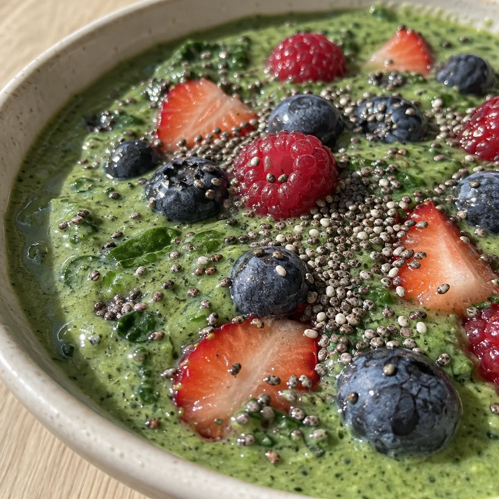 Berry smoothie bowl with spinach and chia seeds