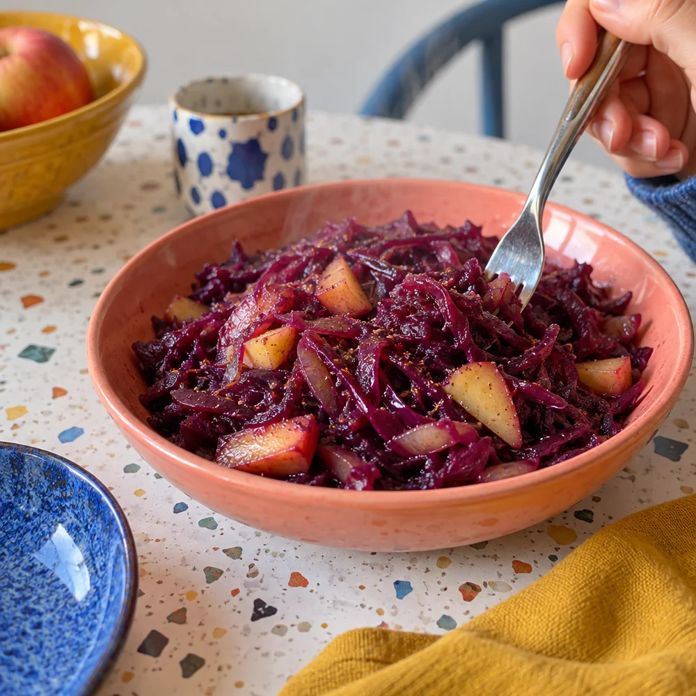 Braised red cabbage with apple, butter, honey and allspice