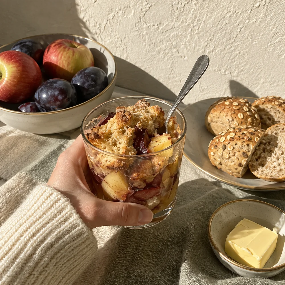 Swabian apple and plum bread pudding with spelt rolls