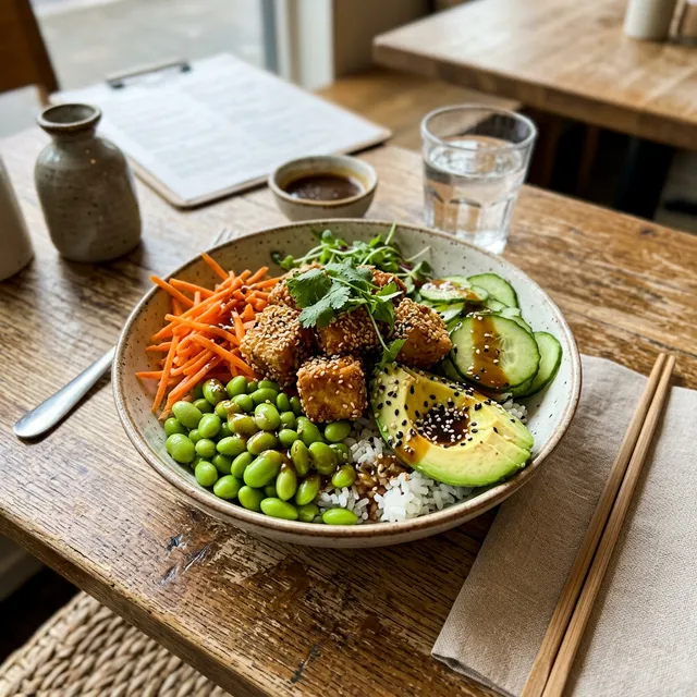 Vegan crispy teriyaki tofu with rice and edamame