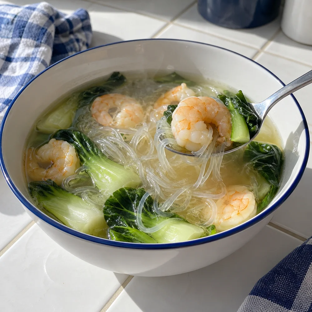Asian prawn and glass noodle soup with fresh pak choi
