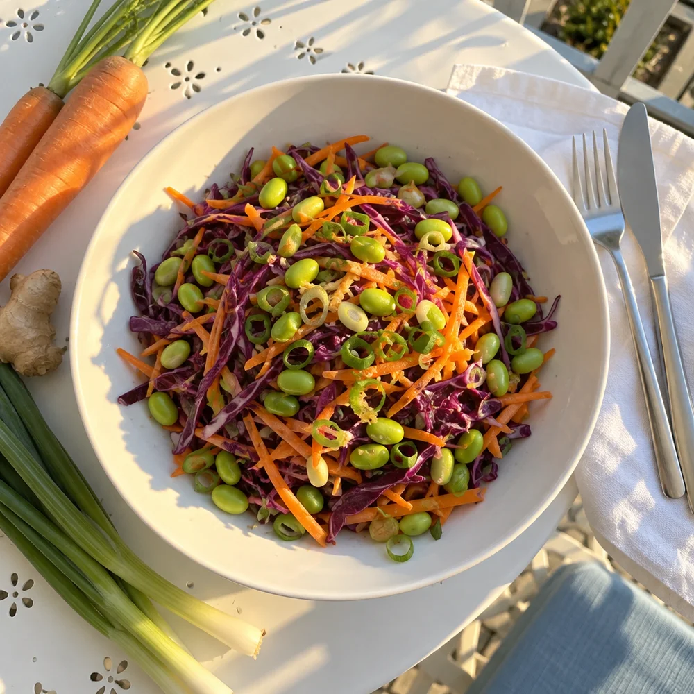 Vegan Asian-style edamame and red cabbage salad