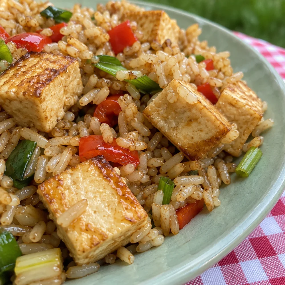 Vegan Asian-style fried brown rice with tofu