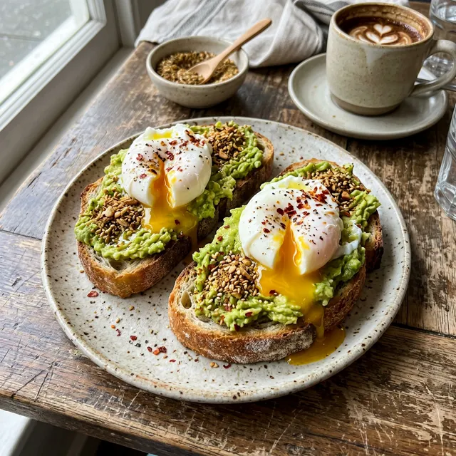 Australian avocado toast with poached egg and dukkah