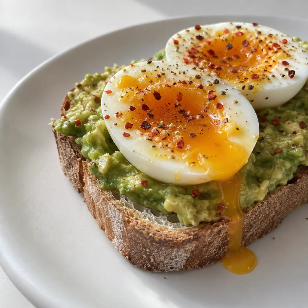 Avocado and egg toast with chilli flakes