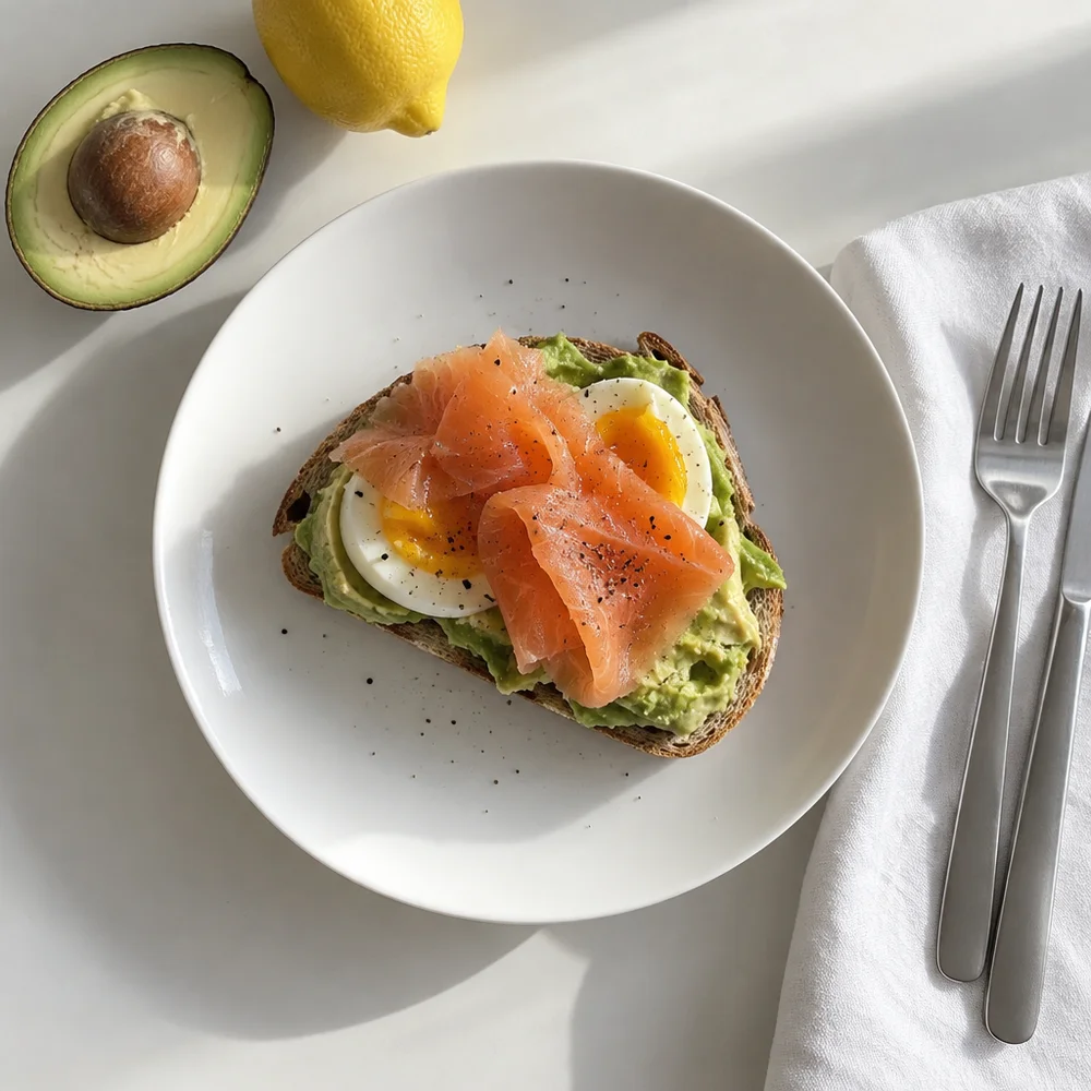 Avocado toast with egg and smoked salmon