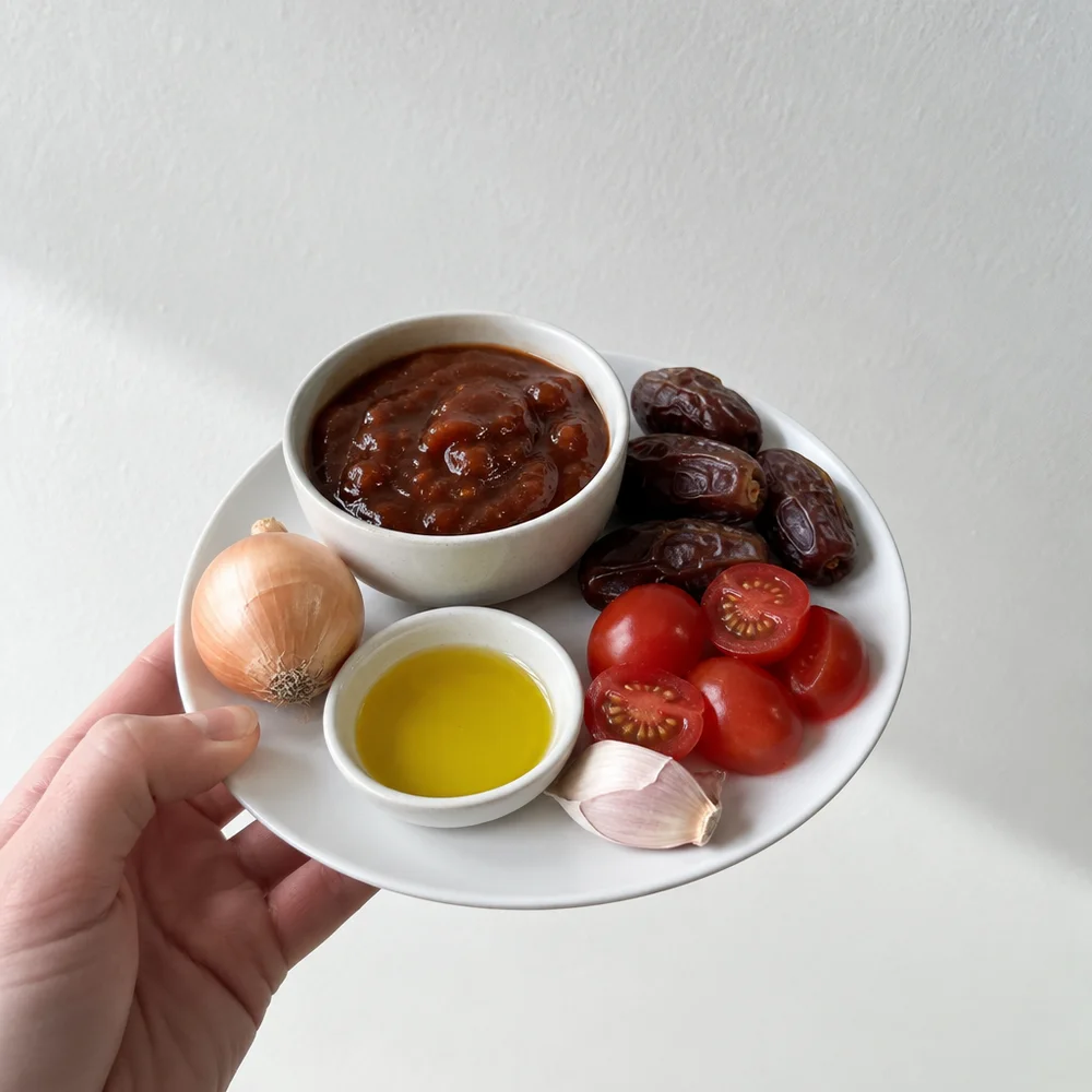 Barbecue sauce with dates and tomatoes for fondue
