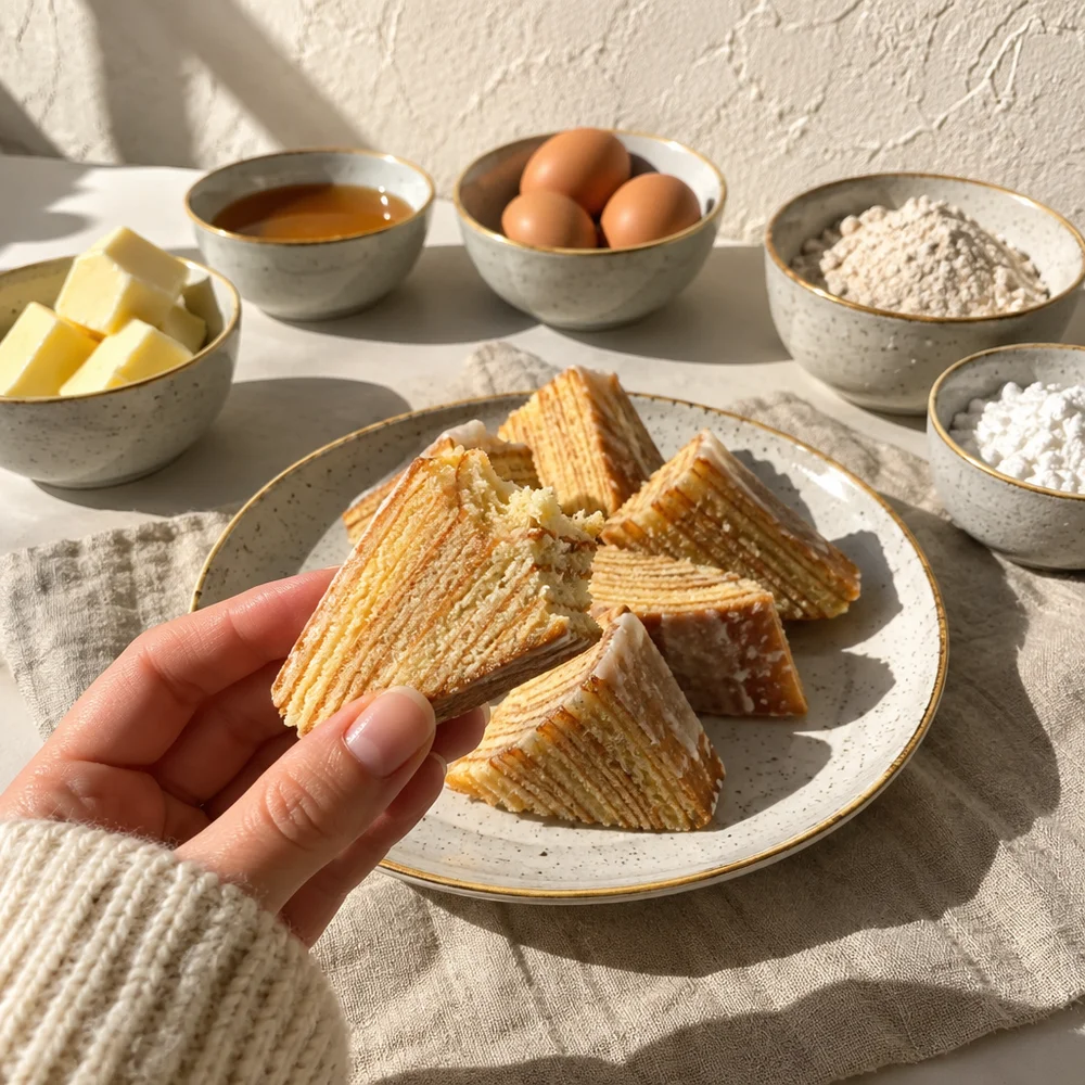 Baumkuchen triangles (German layer cake) with spelt and honey
