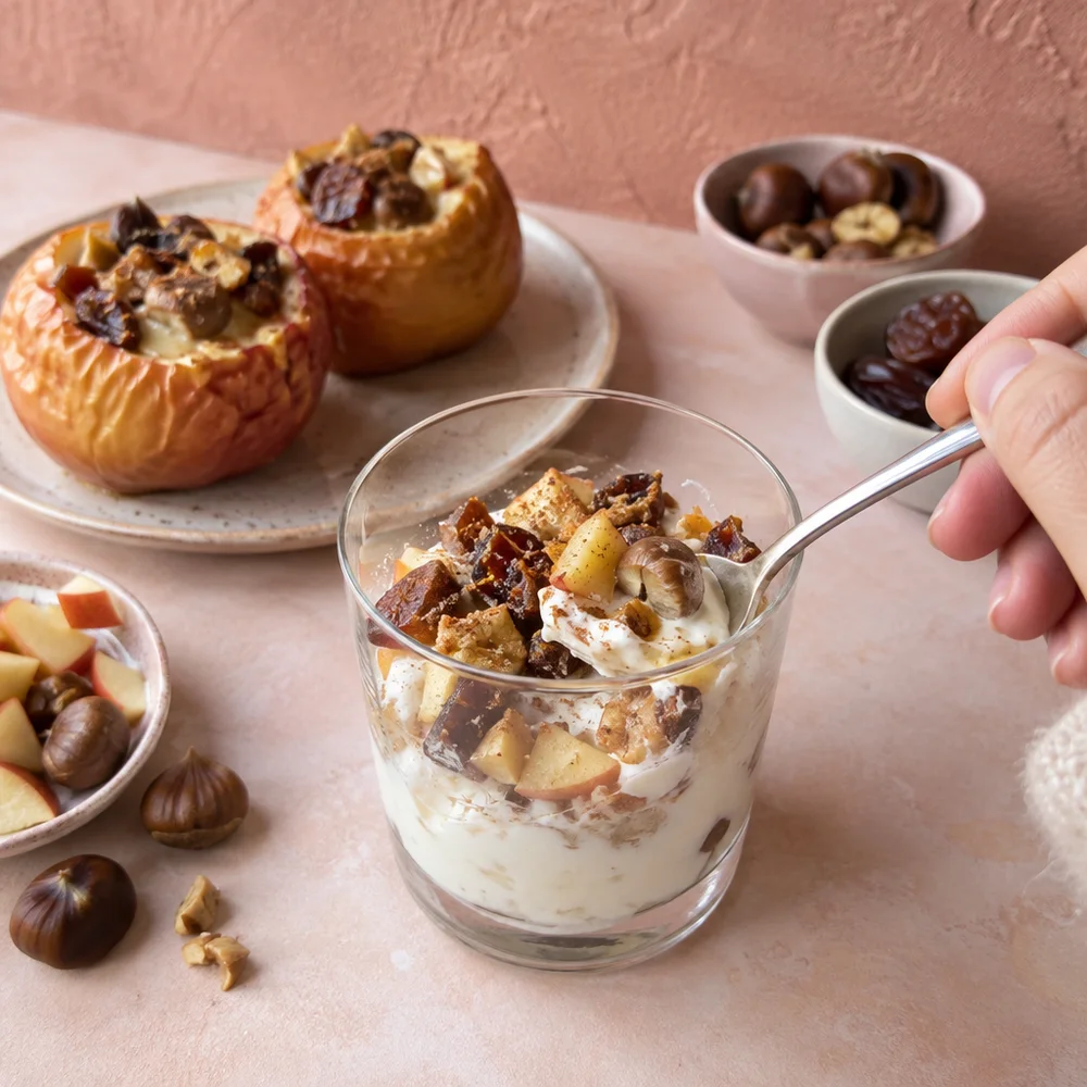 Air fryer baked apples with chestnut filling and vanilla skyr