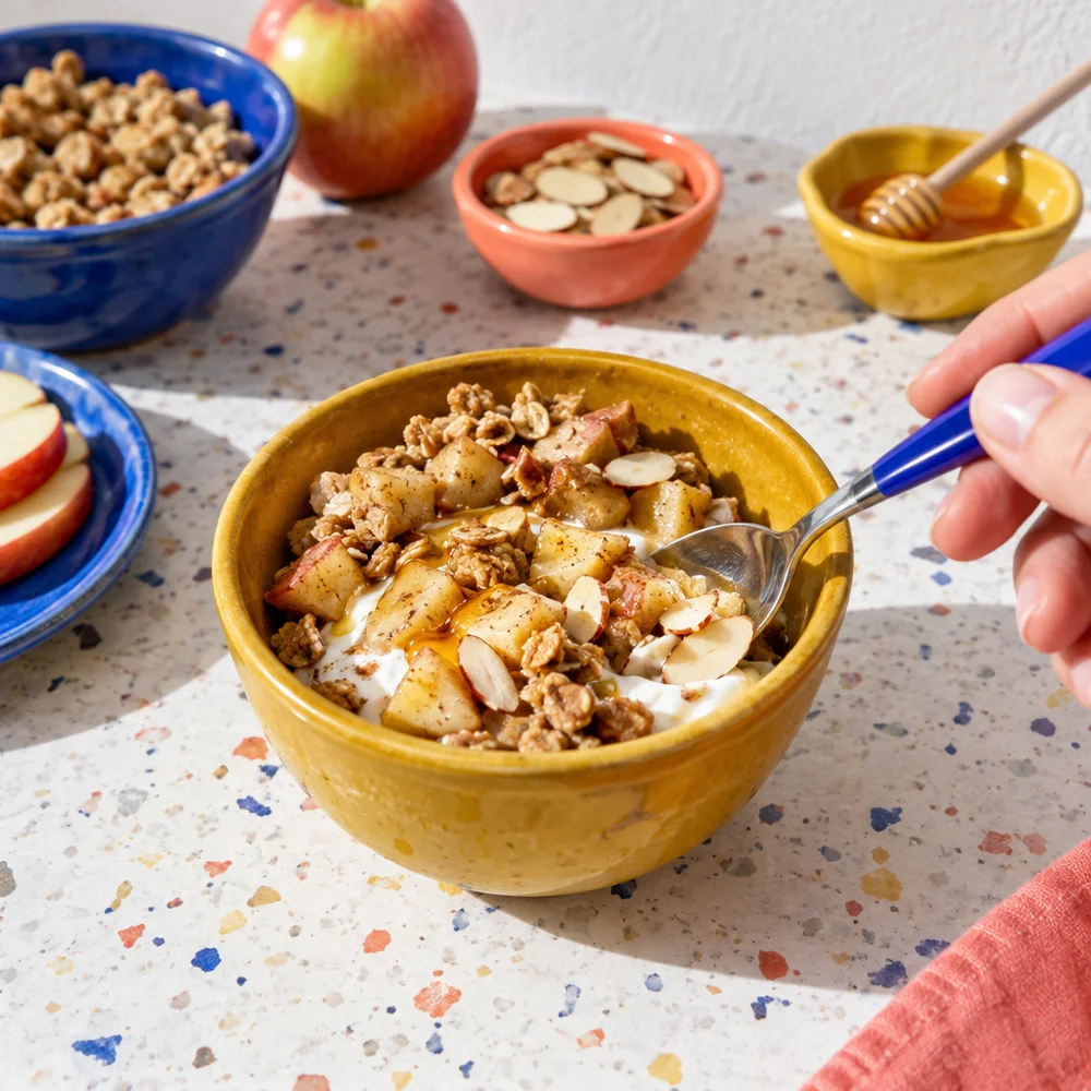 Baked apple cheesecake in a glass with skyr and oat crunch