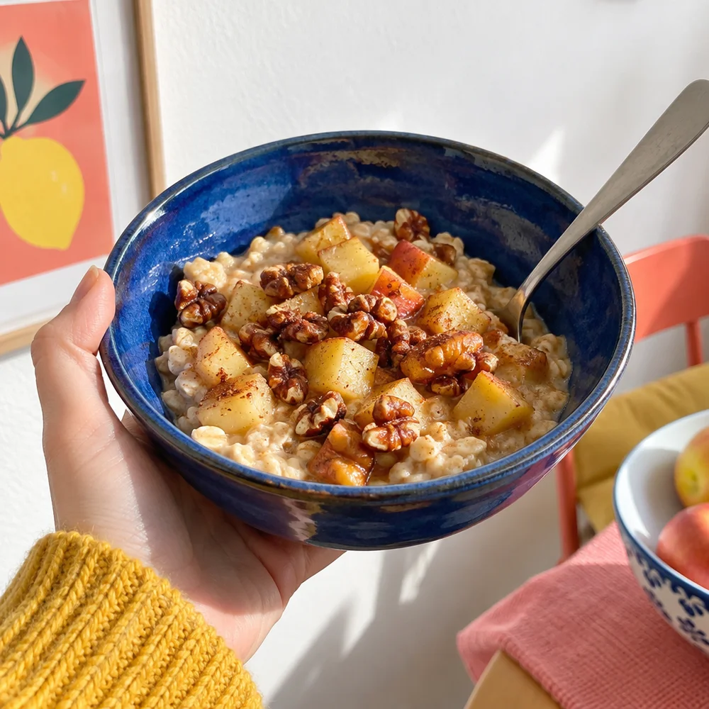 Baked apple porridge with caramelised nuts