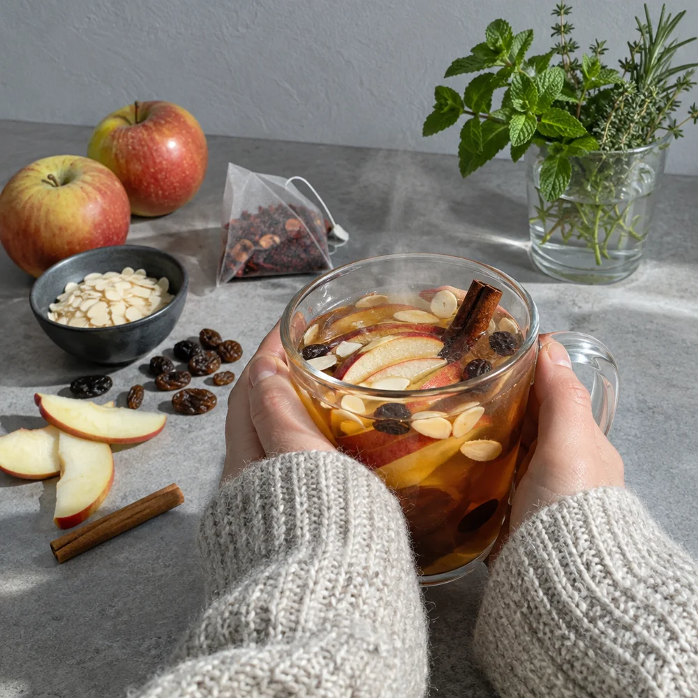 Baked apple tea with almonds and raisins