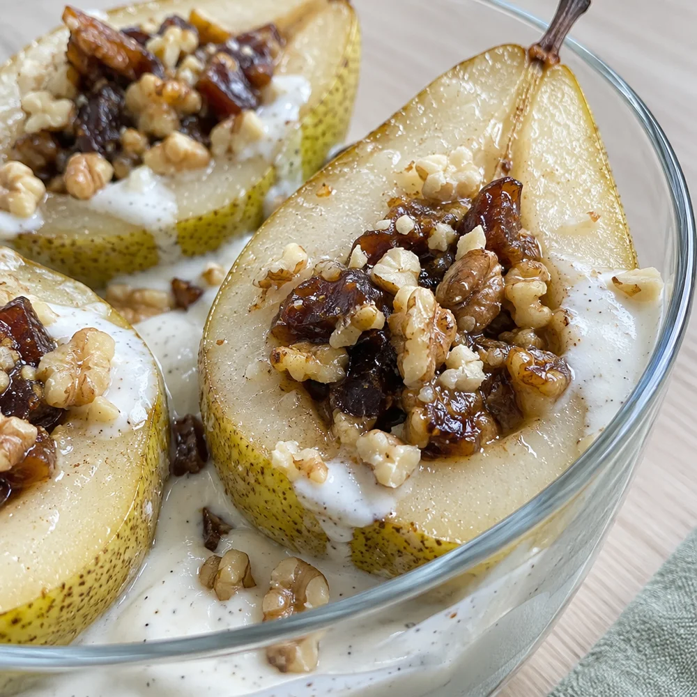 Baked pears with walnut and date filling and vanilla yoghurt