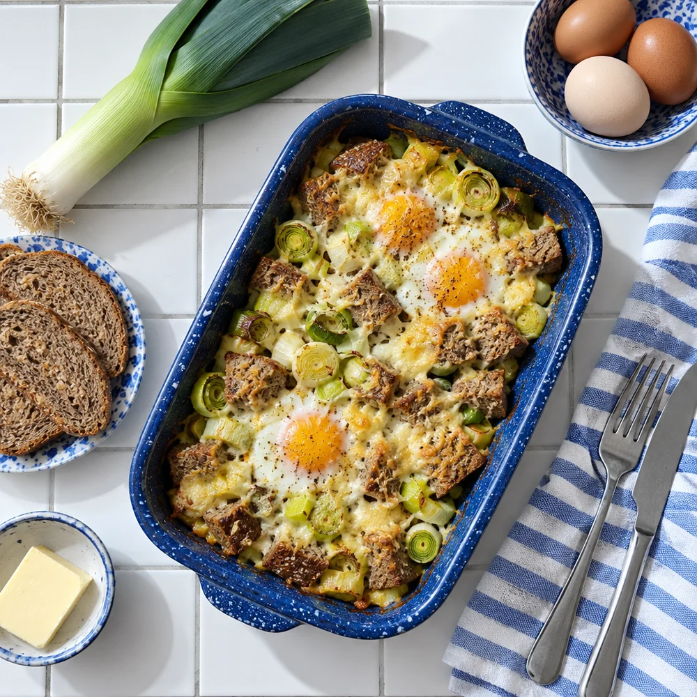 Bread bake with leek, Alpine cheese and egg for Christmas brunch