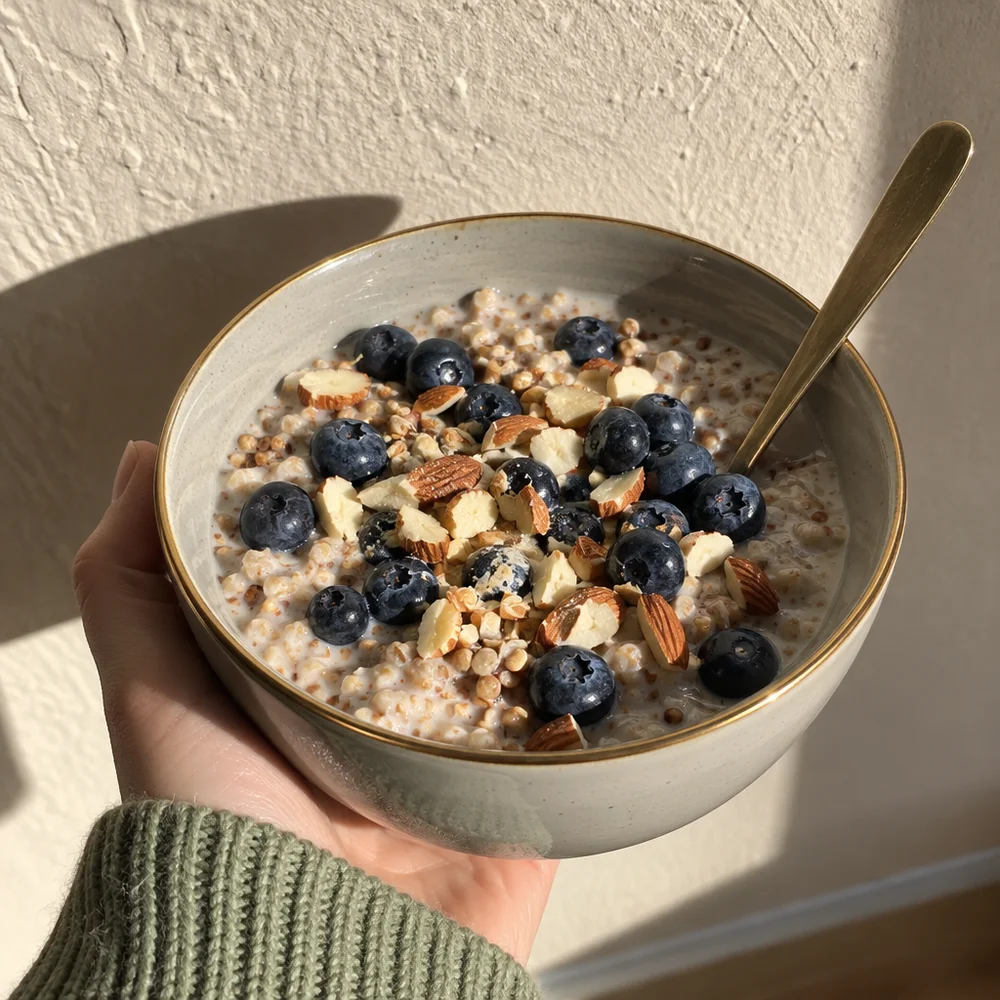 Vegan buckwheat porridge with blueberries and almonds