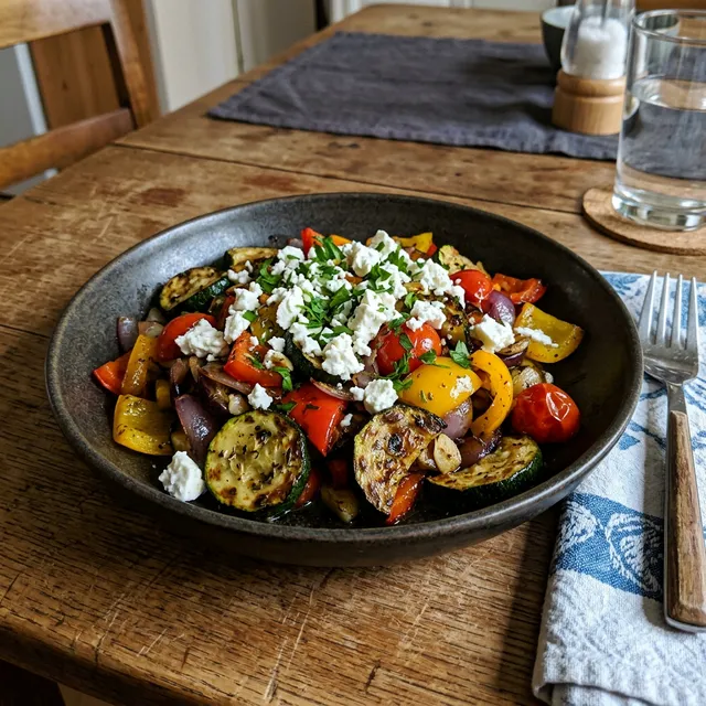 Colourful vegetable pan-fry with feta