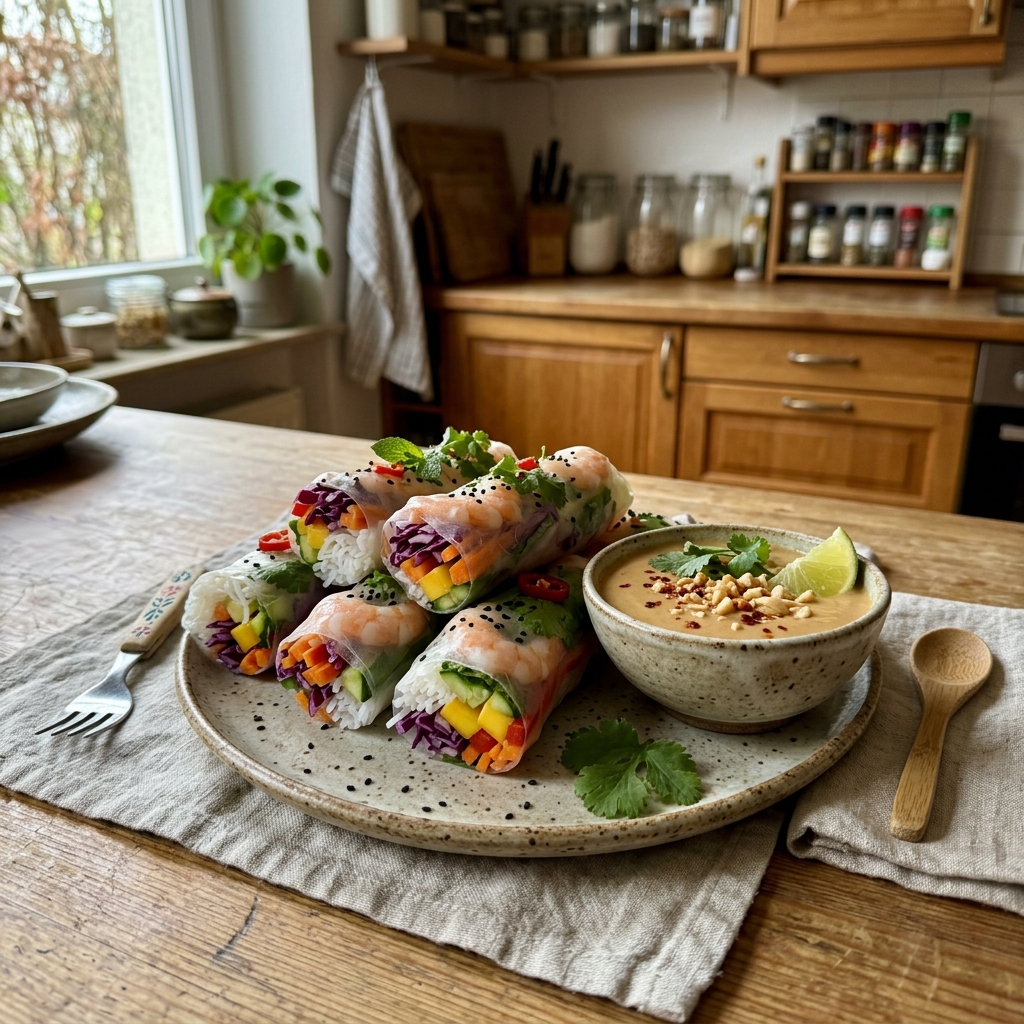 Colourful summer rolls with peanut and lime dip