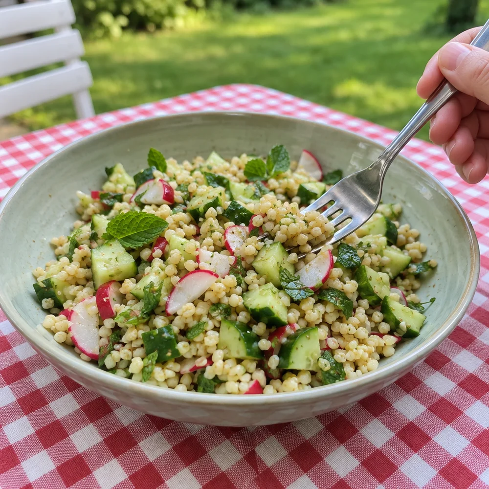 Colourful spring bulgur salad with mint