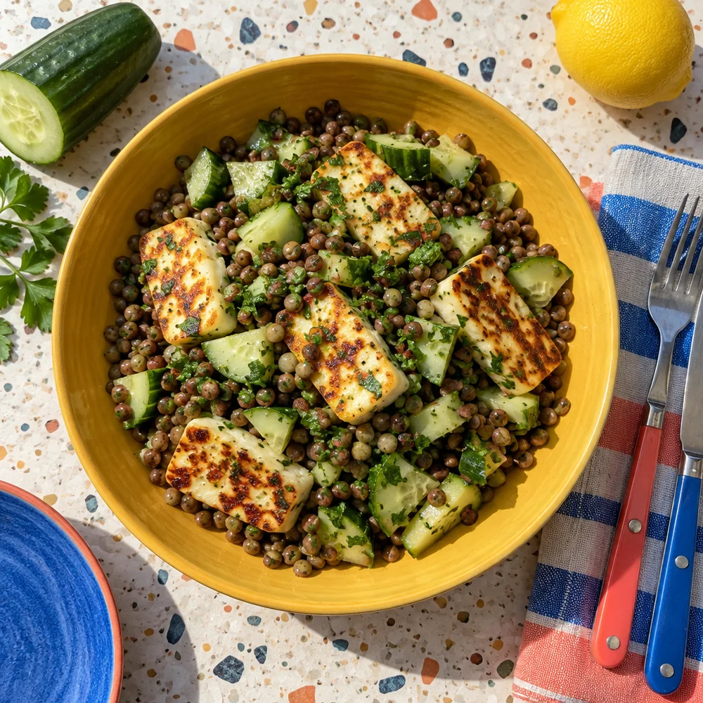 Colourful lentil salad with fried halloumi