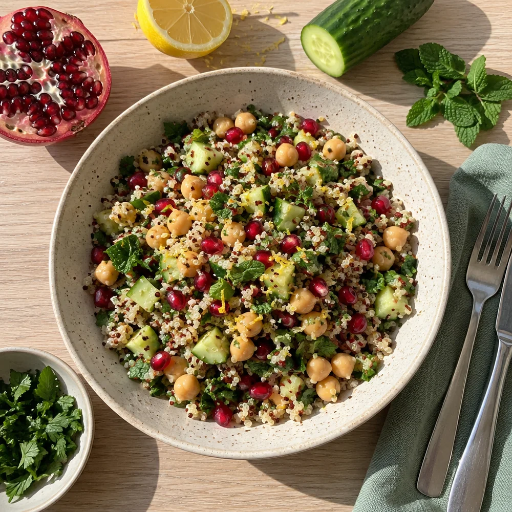 Colourful vegan quinoa salad with chickpeas and pomegranate